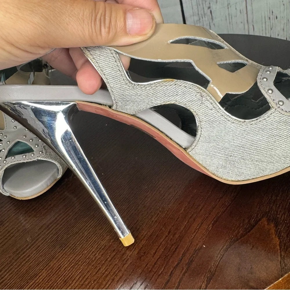 KG KURT GEIGER DENIM, Calf, PATENT Leather Laser Cut Studded heeled Sandals 37 - Picture 16 of 16